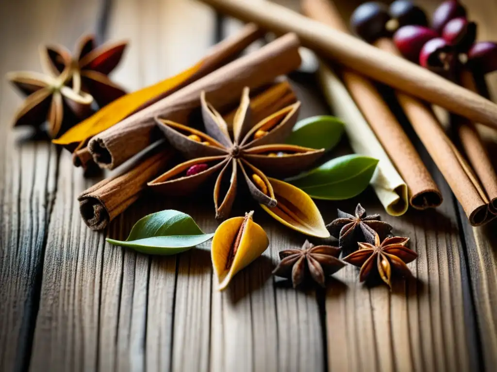 Una exquisita combinación de especias en la cocina medieval: canela, anís estrellado, cardamomo y clavo, sobre una mesa rústica de madera