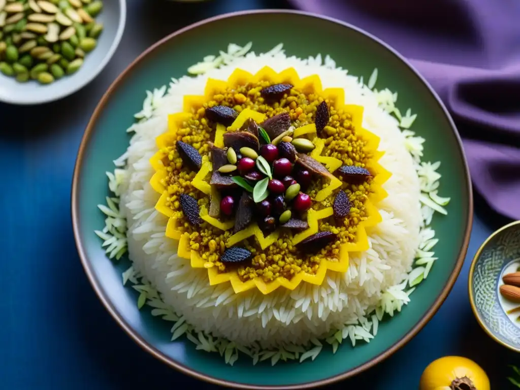 Delicia persa: arroz con cordero, azafrán y frutos secos Una exquisita combinación de arroz persa con cordero, frutas secas y azafrán, en una vajilla árabe