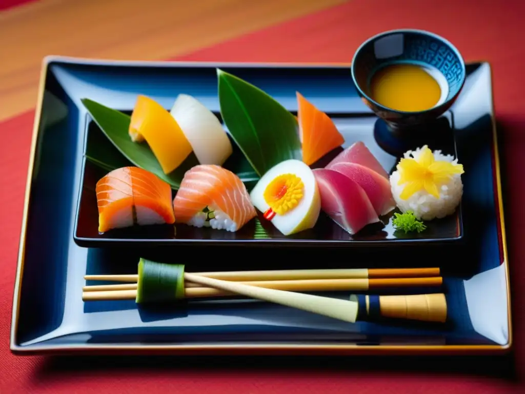 Una exquisita comida kaiseki en bandeja japonesa lacada, reflejando la sofisticación y arte