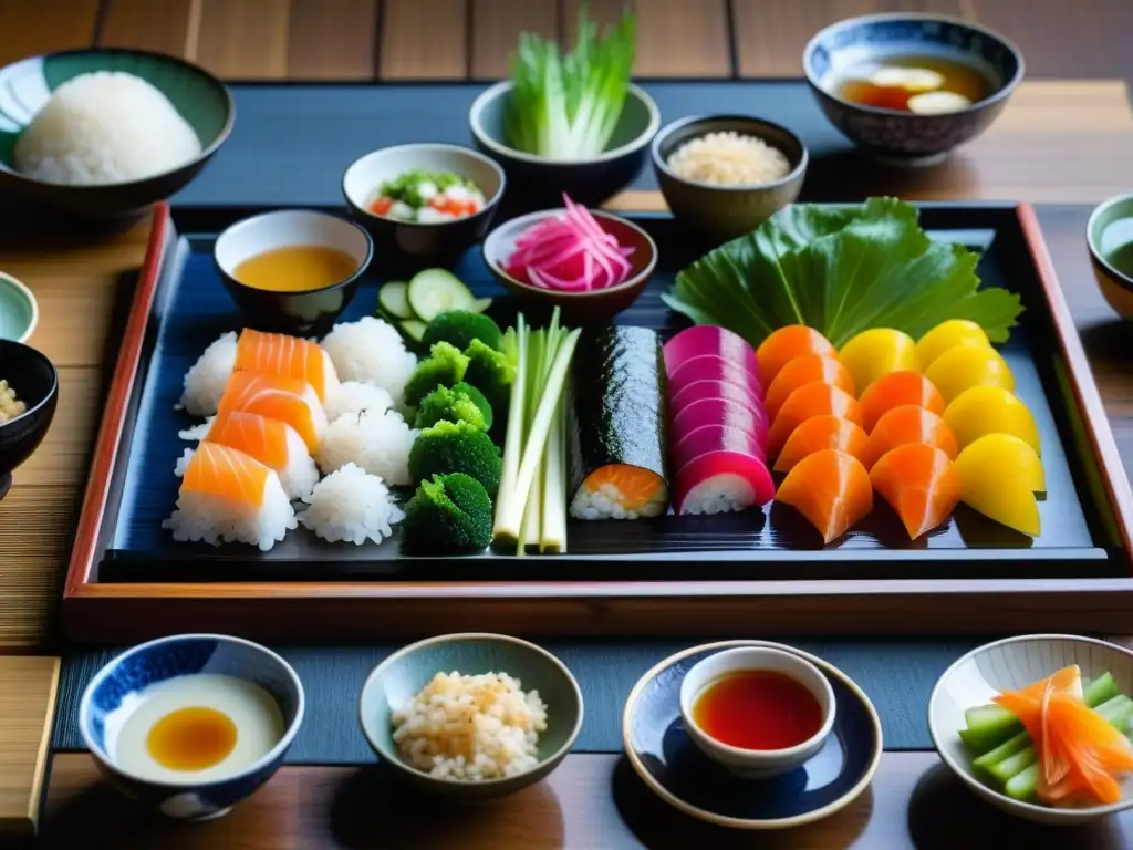 Una exquisita comida japonesa del período Edo: verduras coloridas, pescado crudo, arroz, sopa miso y encurtidos en bandeja de madera lacada