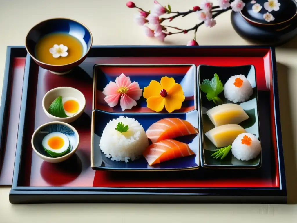 Una exquisita comida japonesa del período Edo en bandeja de laca, resaltando la longevidad histórica de la dieta japonesa