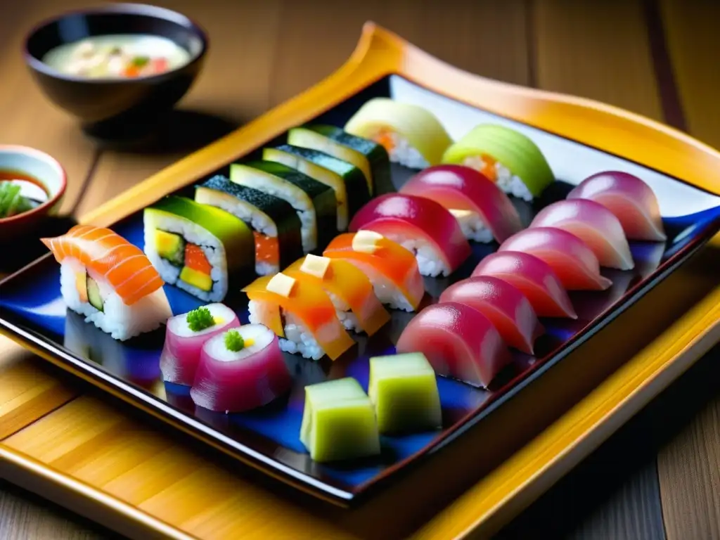 Una exquisita comida japonesa del período Edo en plato de laca, resaltando detalles y colores