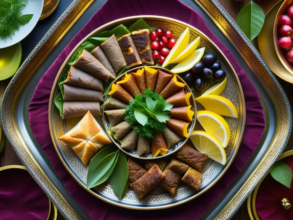 Una exquisita comida otomana en una bandeja de cobre, con kebabs de cordero, hojas de parra rellenas, vegetales y baklava dorado