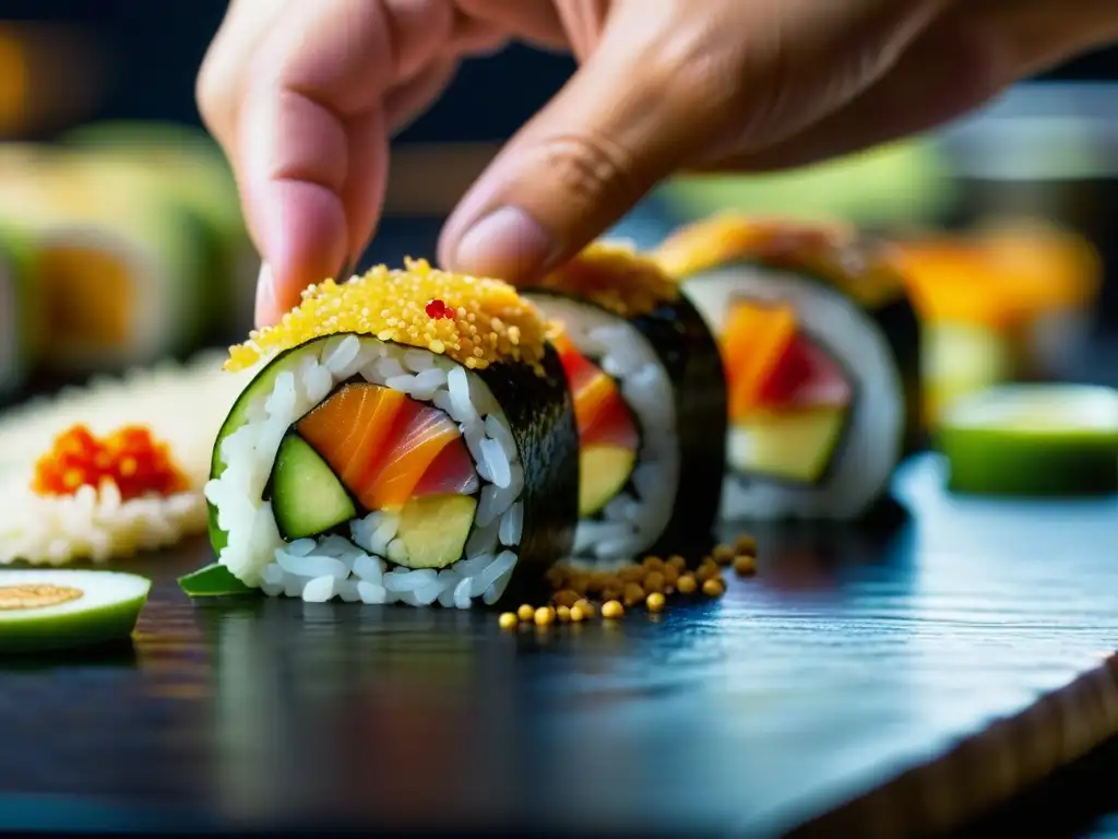 Exquisita fusión cultural: chef japonés preparando sushi con ingredientes portugueses