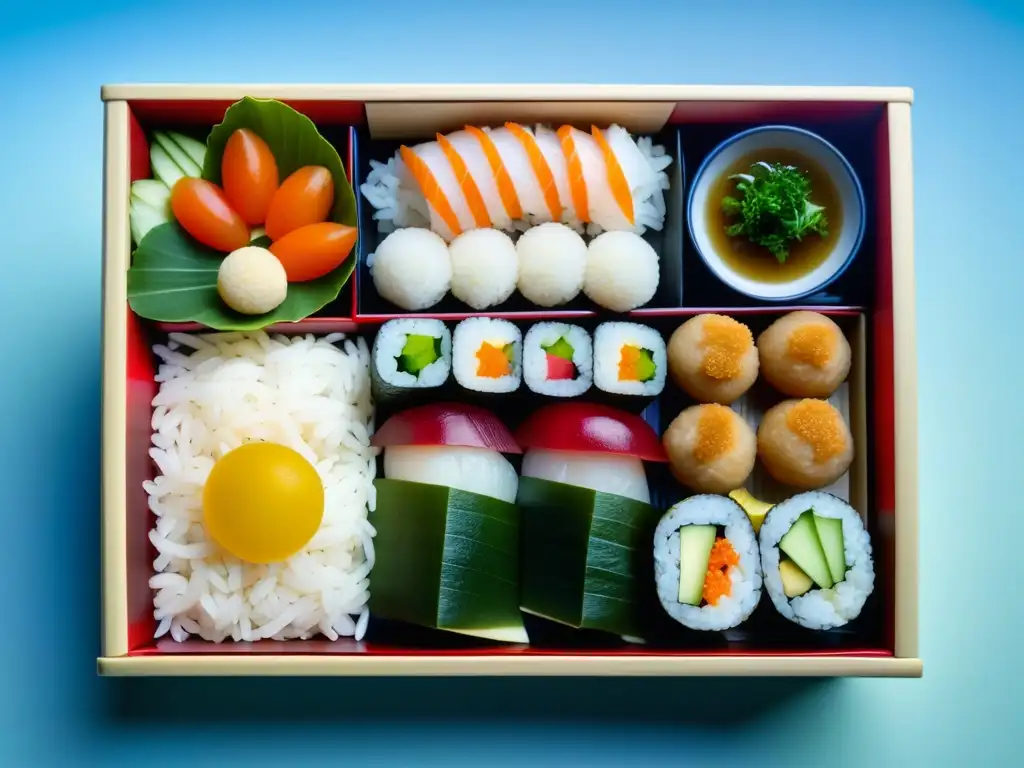 Una exquisita y detallada composición de un bento japonés con rollos de sushi, sashimi, verduras encurtidas y onigiris