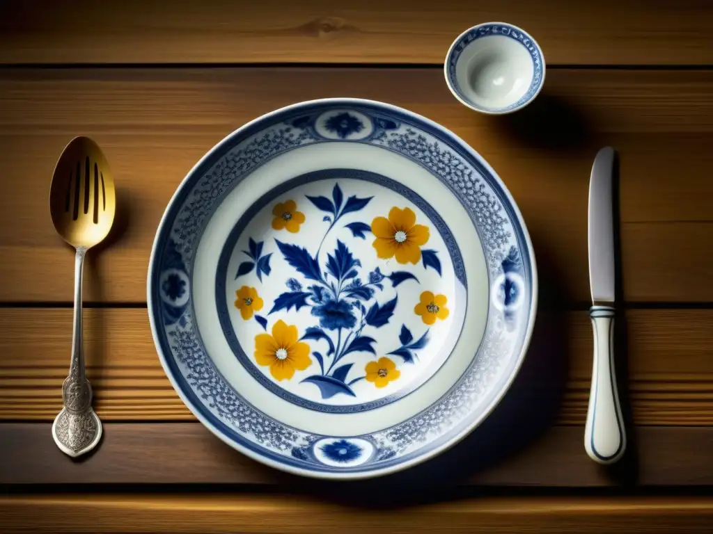 Una exquisita y detallada imagen de un antiguo plato de porcelana con patrones florales, decorando una mesa de madera rústica