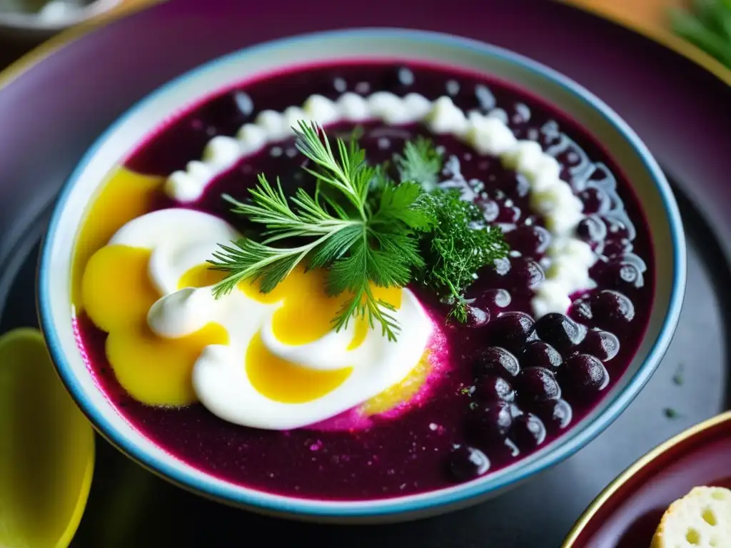 Una exquisita y detallada imagen de un colorido tazón de sopa Borscht humeante, con crema agria, enfoque en texturas y colores ricos