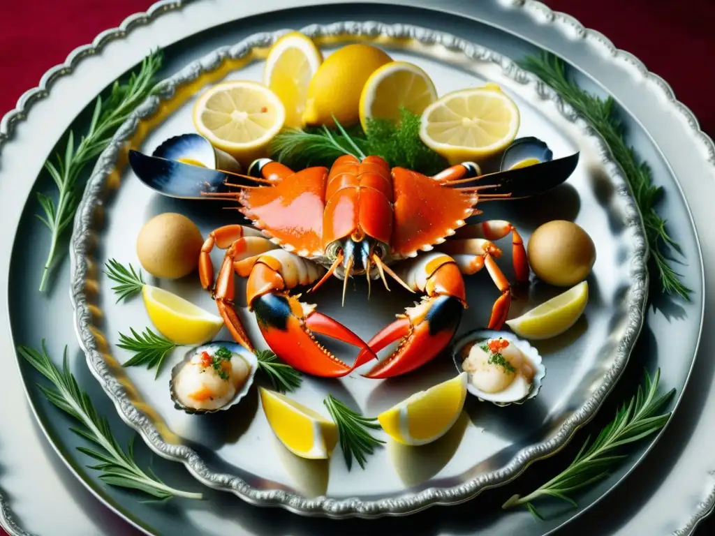 Una exquisita y detallada imagen de un lujoso festín barroco francés de mariscos con recetas históricas pescados mariscos