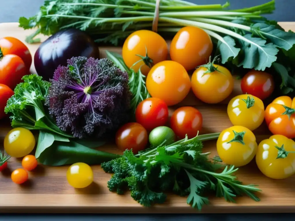 Una exquisita y detallada composición de verduras y hierbas nórdicas en una tabla de cortar de madera