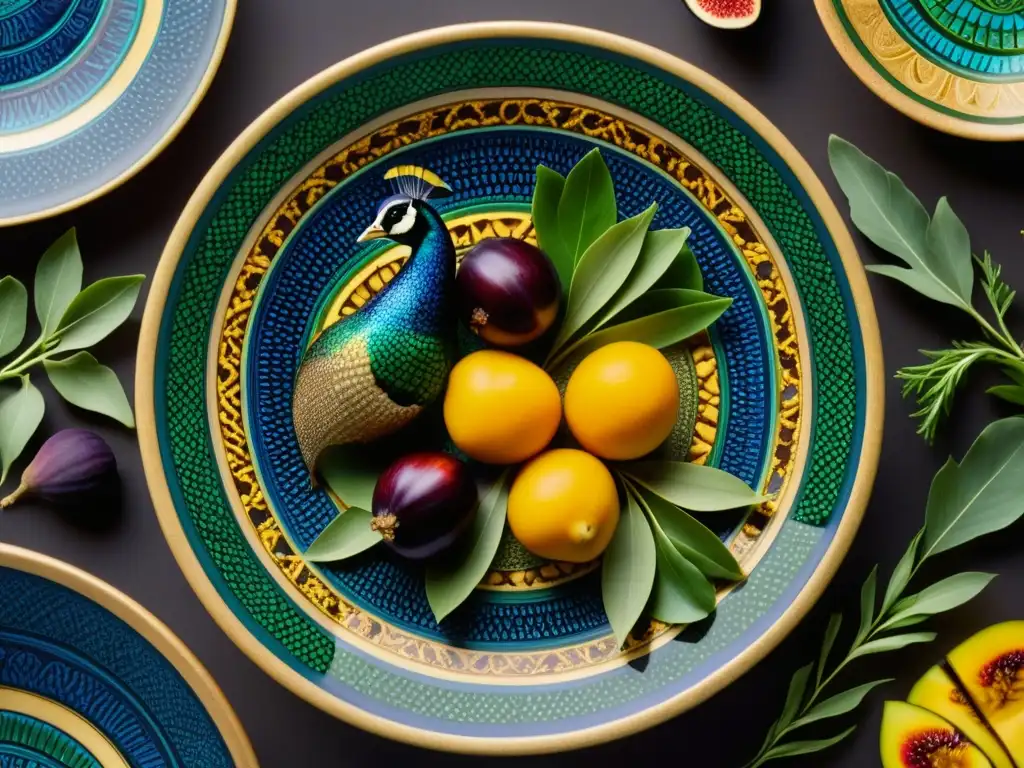 Una exquisita Dieta Élite Romana con animales exóticos en un plato detallado sobre mesa de mosaico