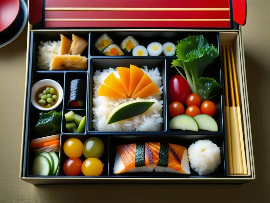 Una exquisita dieta guerrera era samurái: bento japonés con arroz, pescado y vegetales encurtidos, detallado y artístico