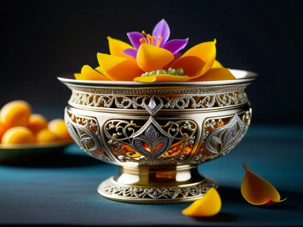 Exquisita dulzura de un recipiente de plata Mughalera lleno de especias y pétalos, mostrando la opulencia de los postres históricos era Mughal