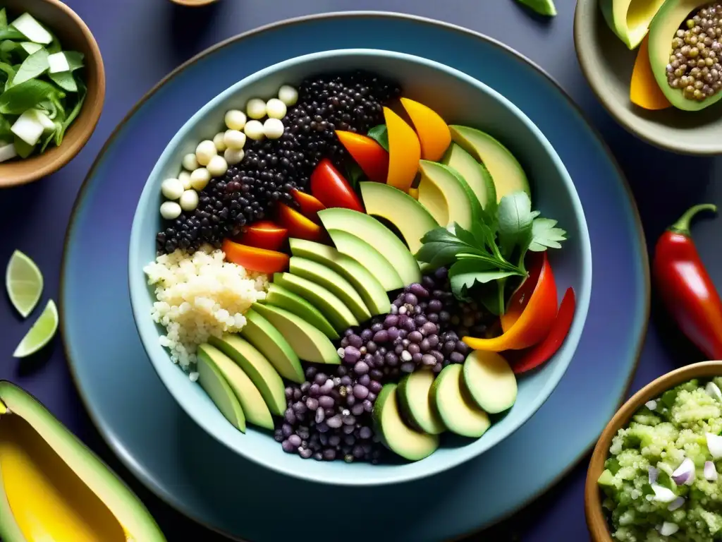 Una exquisita ensalada andina con quinoa, maíz morado, aguacate y pimientos, resaltando la historia y cultura de la receta