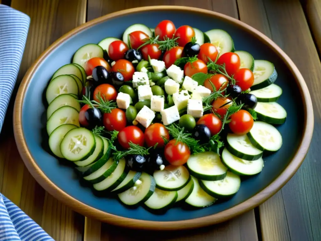 Una exquisita ensalada mediterránea con ingredientes frescos y coloridos, influencia de la dieta griega y cocina mediterránea