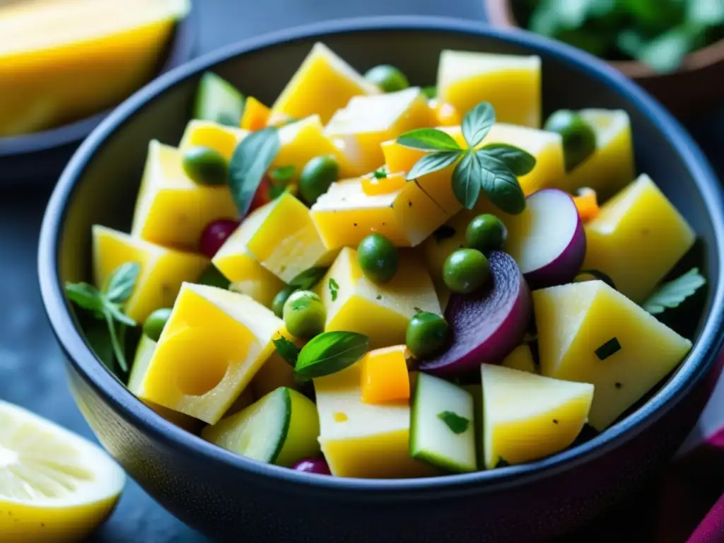 Una exquisita ensalada peruana de papas, destacando la diversidad y belleza de las variedades de papas andinas