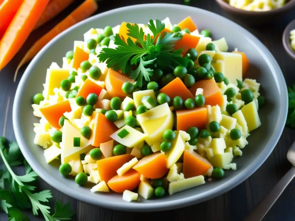 Una exquisita Ensalada rusa receta histórica, con capas de papas, zanahorias, guisantes y mayonesa, adornada con perejil fresco y pimienta negra