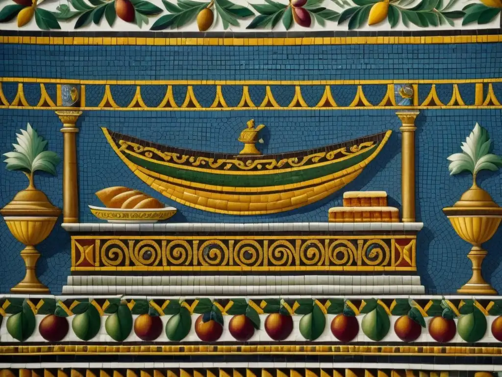 Una exquisita escena de un banquete romano en mosaico, mostrando la opulencia de la Gastronomía del Imperio Romano