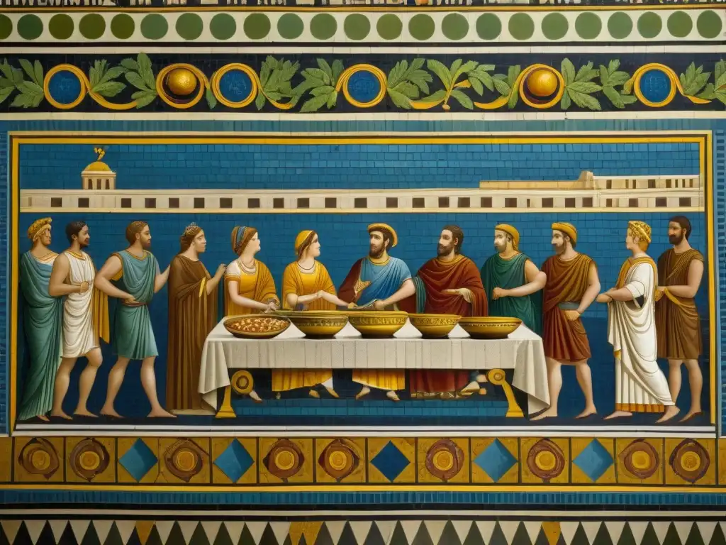 Exquisita escena de banquete romano: patricios y plebeyos comparten mesa, reflejando las dinámicas sociales