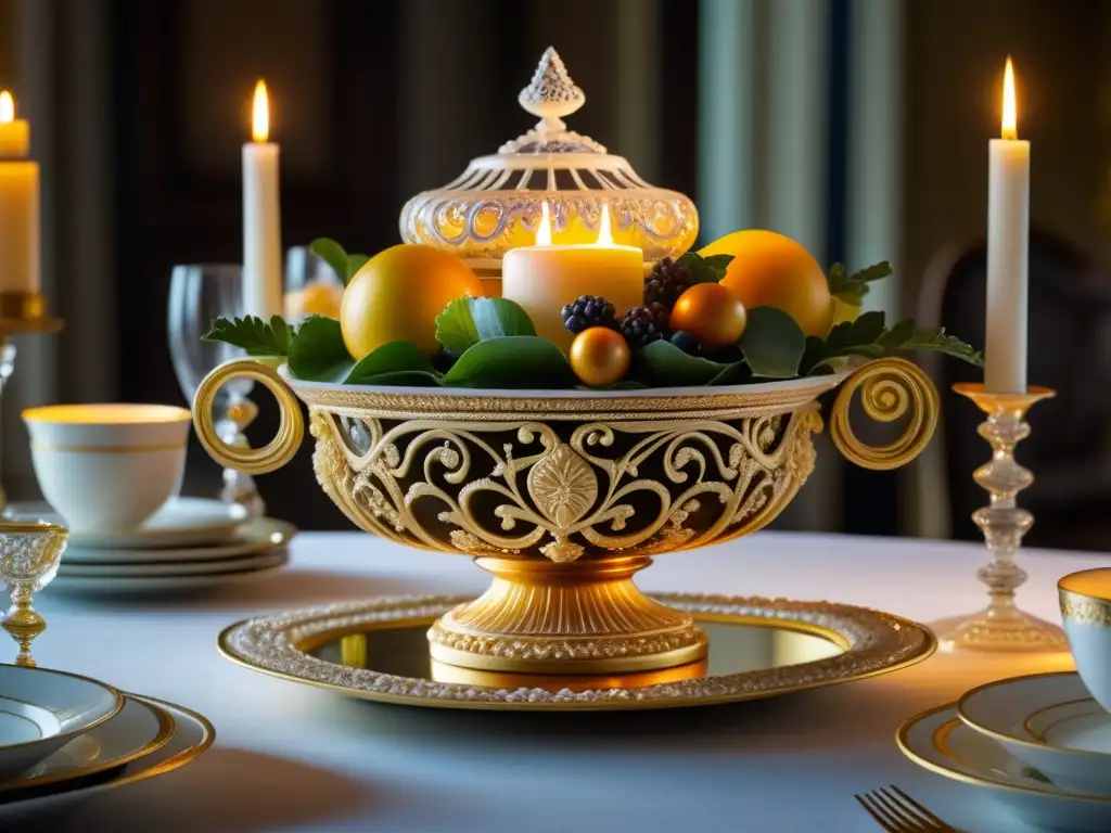 Una exquisita escultura de azúcar estilo Barroco en una mesa lujosa iluminada por velas, rodeada de platos franceses decadentes