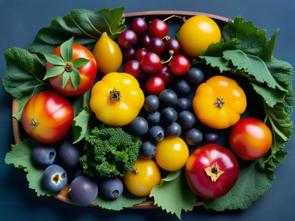 Una exquisita exhibición de alimentos antiguos ricos en antioxidantes: tomates, bayas acai, cúrcuma, granada y kale