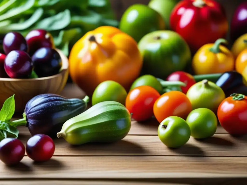 Arte orgánico: Detalles vibrantes de frutas y verduras recién cosechadas Una exquisita exhibición de productos orgánicos en festividades históricas, resaltando sus colores y texturas naturales en una mesa de madera