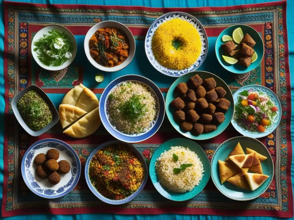 Una exquisita fiesta de la cocina del Medio Oriente en una mesa ricamente decorada con delicias coloridas y aromáticas