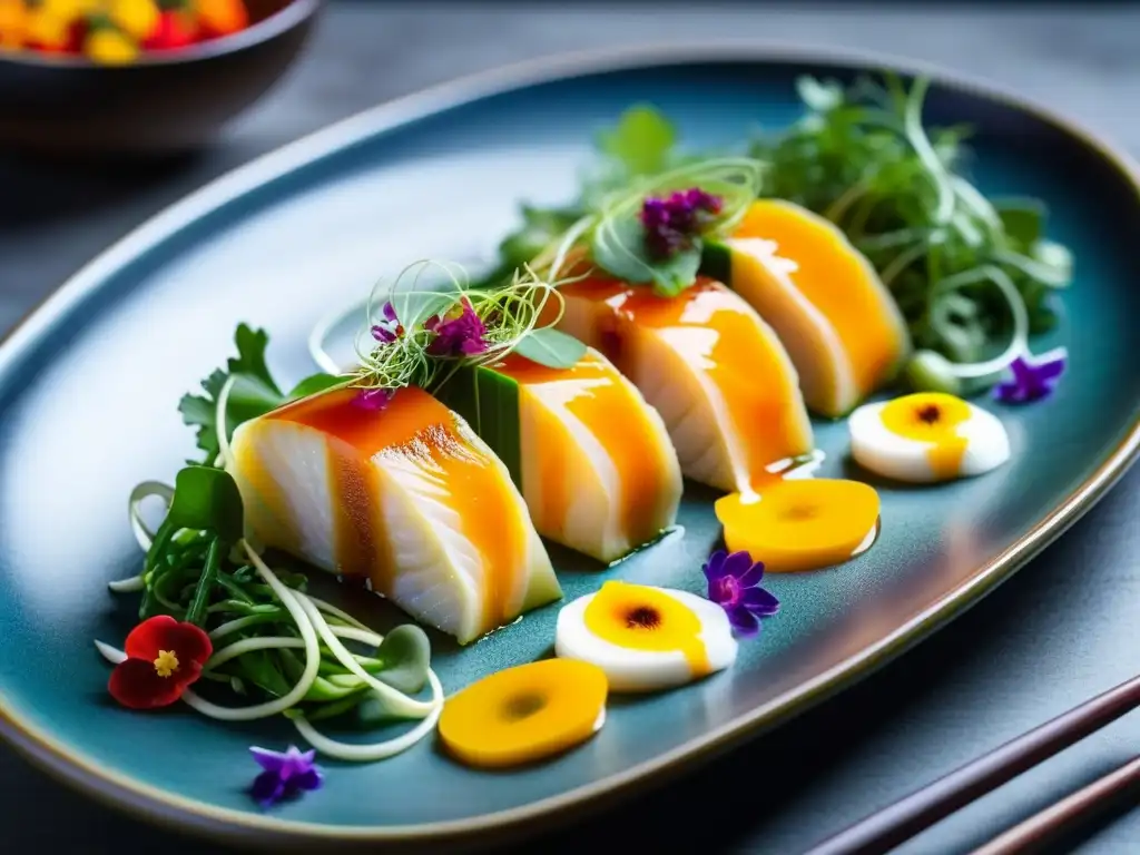 Exquisita fusión: Sashimi de pescado y vegetales peruanos con salsa de yuzu Exquisita fusión Perú-Japón: fresco sashimi sobre vegetales peruanos, con salsa yuzu