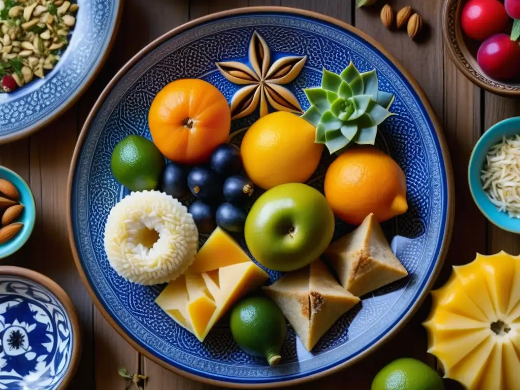 Una exquisita fuente alimenticia Califato Abásida llena de manjares multicolores en un plato cerámico adornado, sobre una mesa rústica de madera