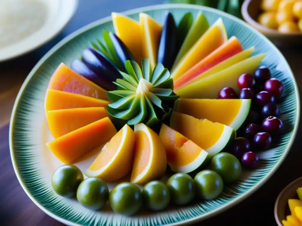 Una exquisita fuente ceremonial llena de frutas, mariscos y vegetales coloridos, resaltando la importancia de la comida en los ritos del Pacífico