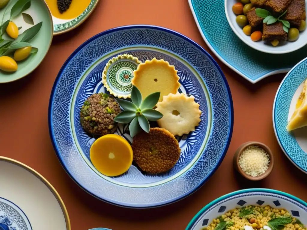 Exquisita vajilla andaluza: fusión de sabores y arte Una exquisita fusión de influencia Abásida en gastronomía AlAndalus, plasmada en un vibrante plato de cerámica con delicias tradicionales