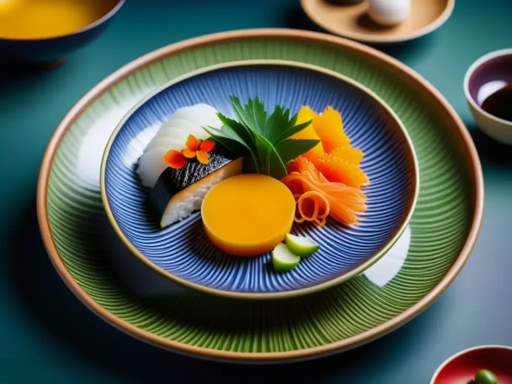 Arte culinario japonés: fusión de Edo y modernidad en un plato exquisito Una exquisita fusión de Moda Era Edo en cocina, con detalles vibrantes y precisión en la presentación culinaria