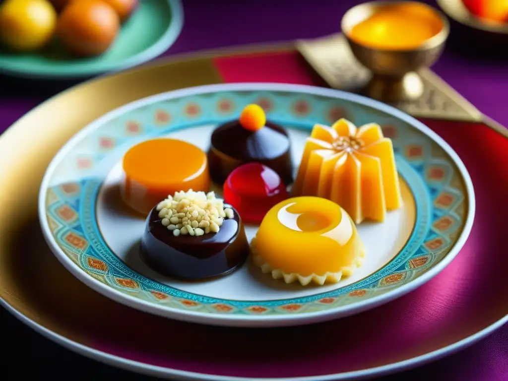 Una exquisita fusión de postres históricos India China fusionados en un plato vibrante y detallado