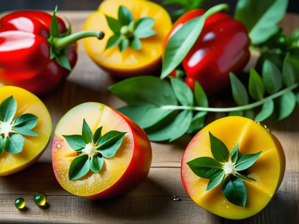 Exquisita fusión de sabores caribeños: chiles Scotch bonnet rojos, mangos maduros y cilantro verde sobre tabla de madera rústica