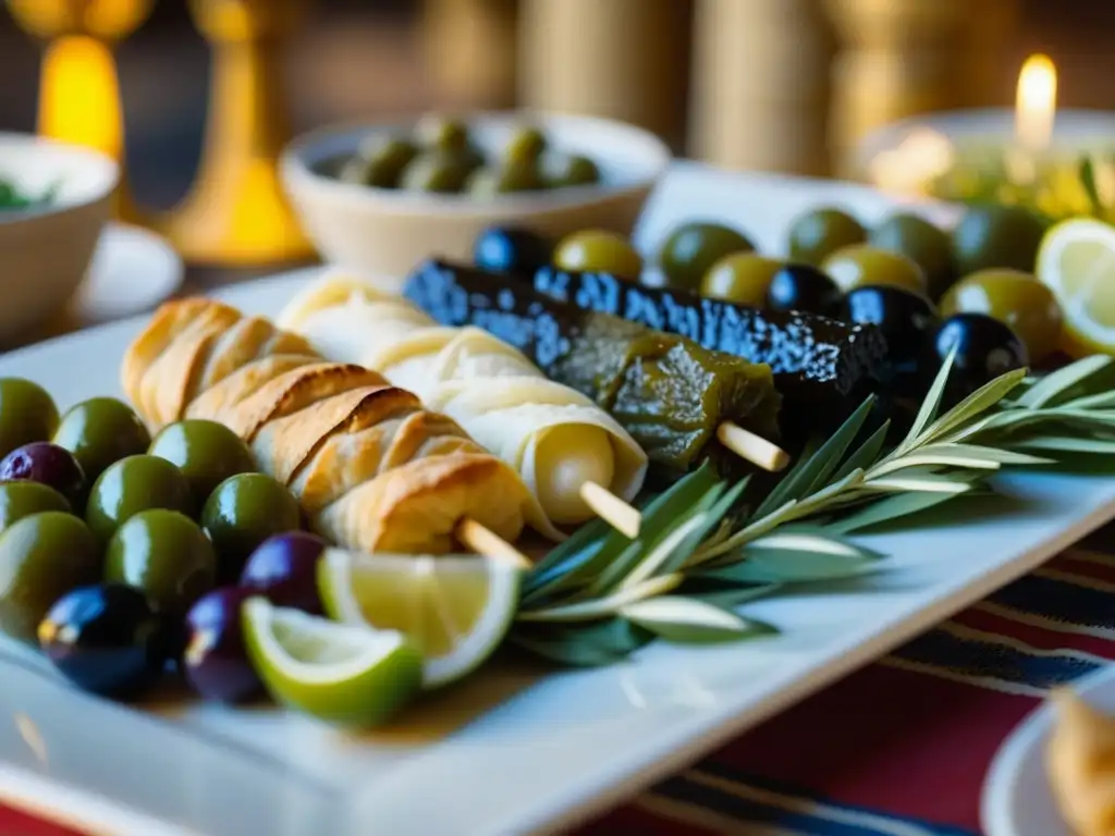 Exquisita gastronomía de la antigua Grecia: mesa festiva con platos tradicionales y detalles culinarios, rodeada de decoración clásica