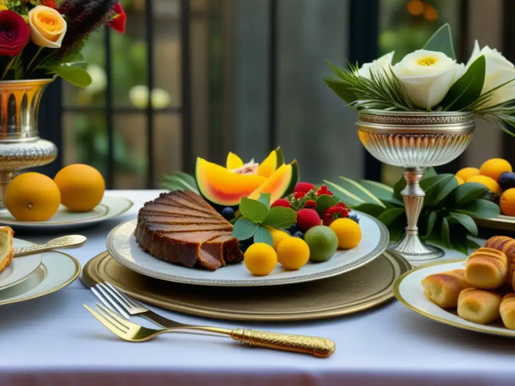 Exquisita gastronomía histórica en una mesa romana antigua con manjares y detalles refinados