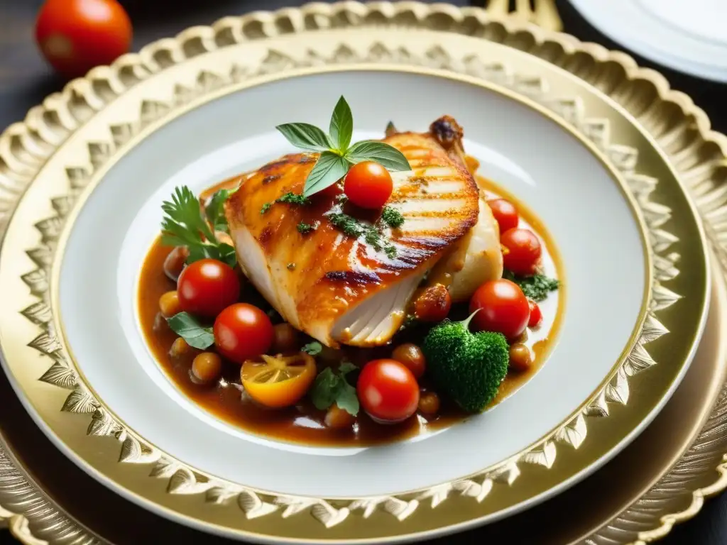 Una exquisita imagen detallada de un decadente plato 'Poulet à la Marengo' en un plato dorado, evocando las recetas históricas barroco francés