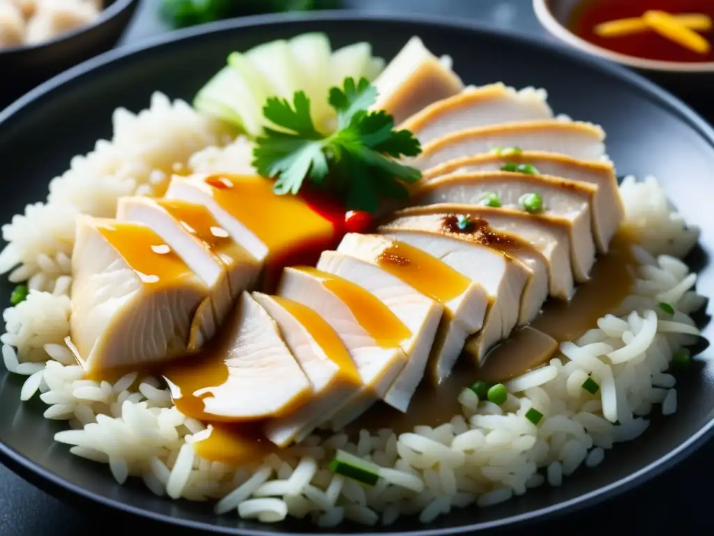 Una exquisita imagen detallada de un plato de Hainanese Chicken Rice, con su pollo pochado y arroz aromático