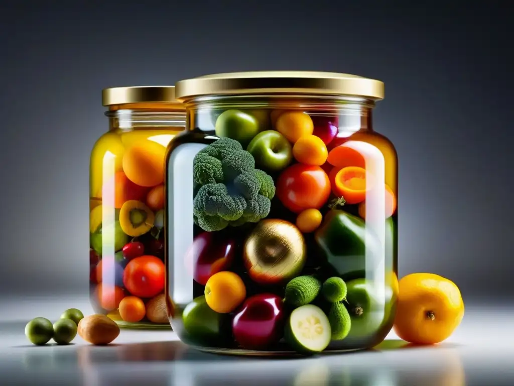 Una exquisita jarra de vidrio llena de frutas y verduras, detalladamente conservadas en el arte de las Conservas en el Barroco Francés