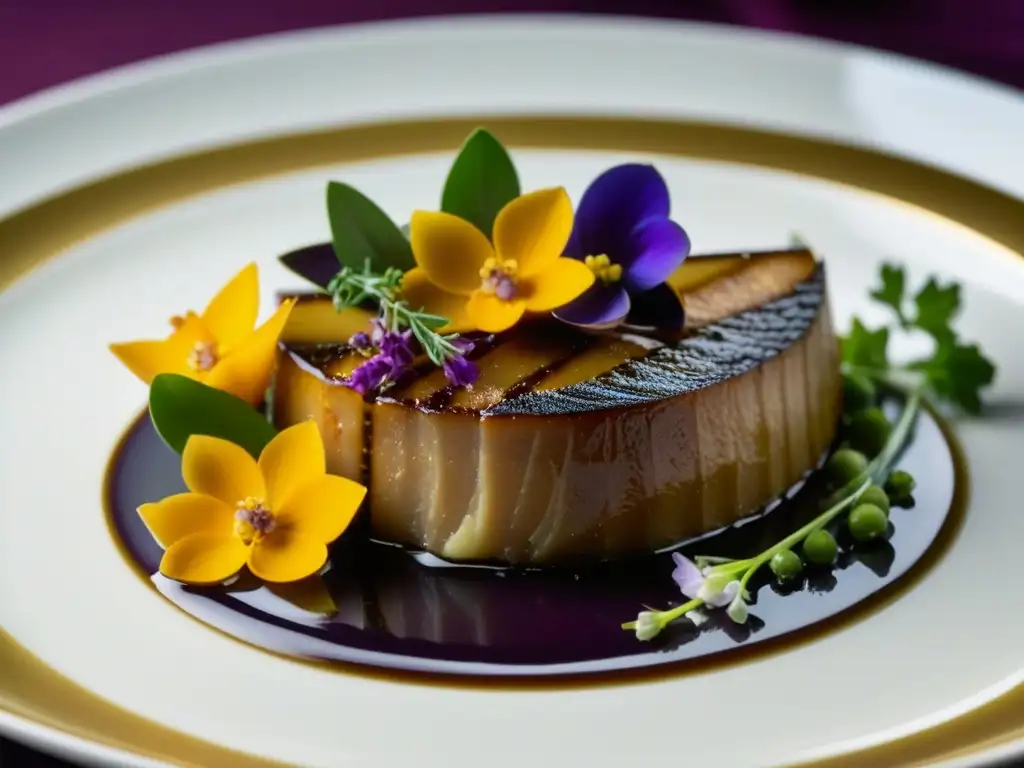 Exquisita gastronomía barroca junto al río Sena: foie gras, salsa dorada de Calvados, trufas y flores comestibles en plato de porcelana