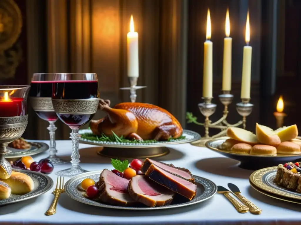 Exquisita gastronomía medieval en castillos europeos: mesa festiva con manjares decorados y vino tinto en copas