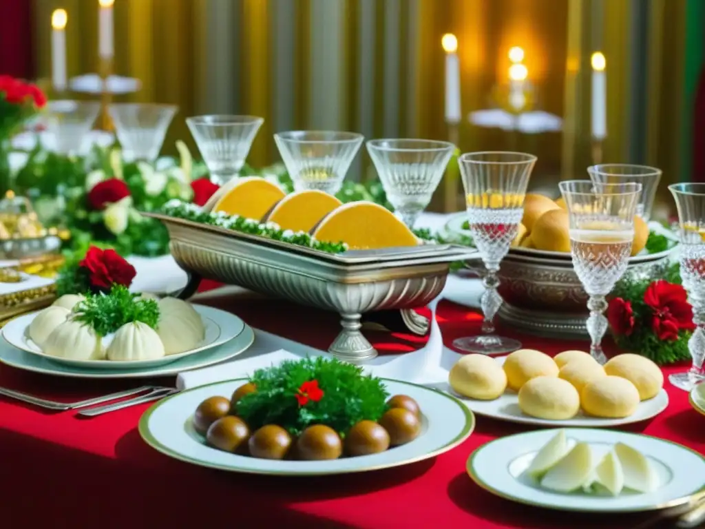 Exquisita mesa de banquete en celebración soviética, con platos tradicionales y decoración lujosa