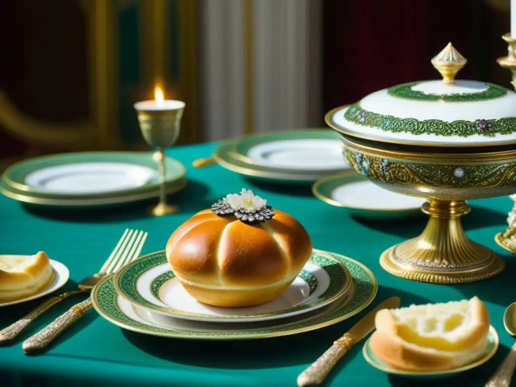 Banquete zarista: opulencia culinaria en palacio Exquisita mesa de banquete en palacio zarista con cocina lujosa y cultural