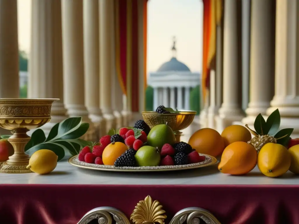 Exquisita mesa de banquete romano: frutas exóticas, platos elaborados y cubiertos ornamentados en un entorno lujoso