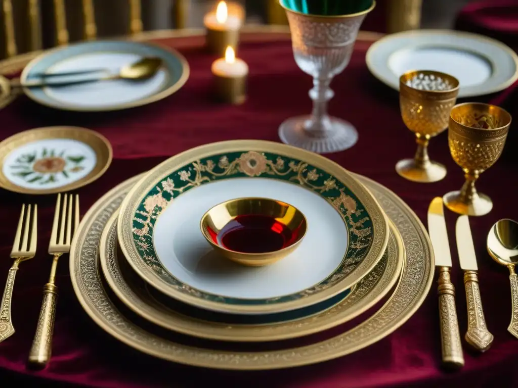 Exquisita mesa bizantina con cubiertos dorados, platos cerámicos y copas de vino, recreando la opulencia de un banquete noble en Constantinopla