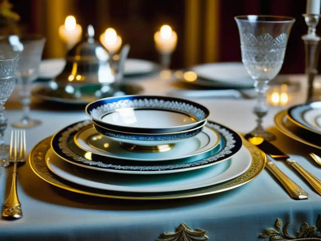 Exquisita mesa de comedor de la era napoleónica, con vajilla y cubiertos de plata, copas de cristal y platos de porcelana