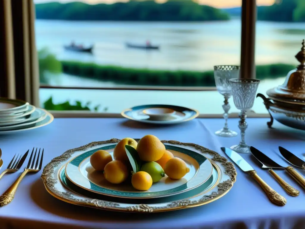 Exquisita gastronomía barroca en mesa junto al río Sena en Francia