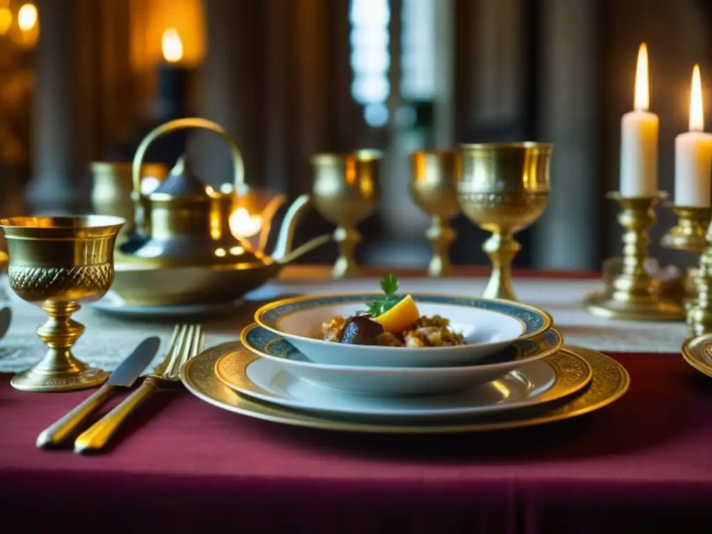 Exquisita mesa medieval en castillo francés con recetas históricas y detalle opulento