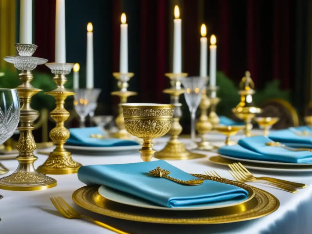 Exquisita mesa imperial con platos predilectos de Catalina Grande, candelabros dorados y fina vajilla, en una escena lujosa y detallada