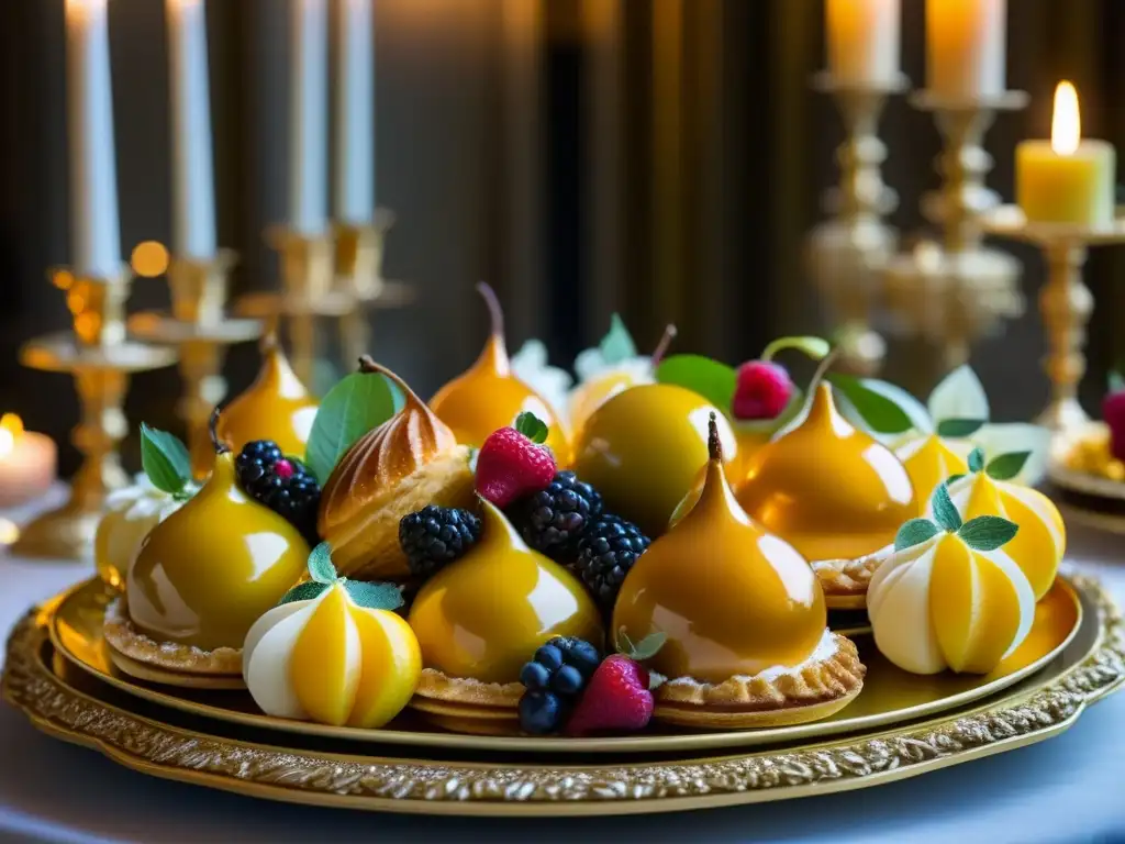 Una exquisita mesa de postres del Barroco francés, con pasteles ornamentados y frutas vibrantes en platos dorados