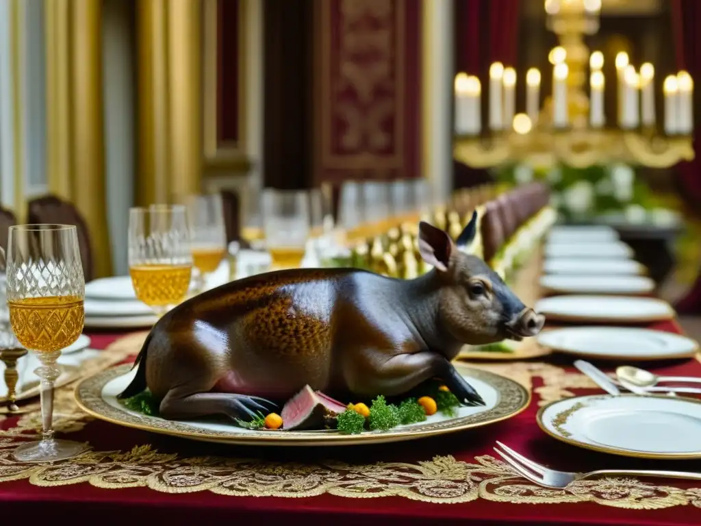 Exquisita mesa real con carnes exóticas en palacio de los Zares, un festín histórico opulento y decadente